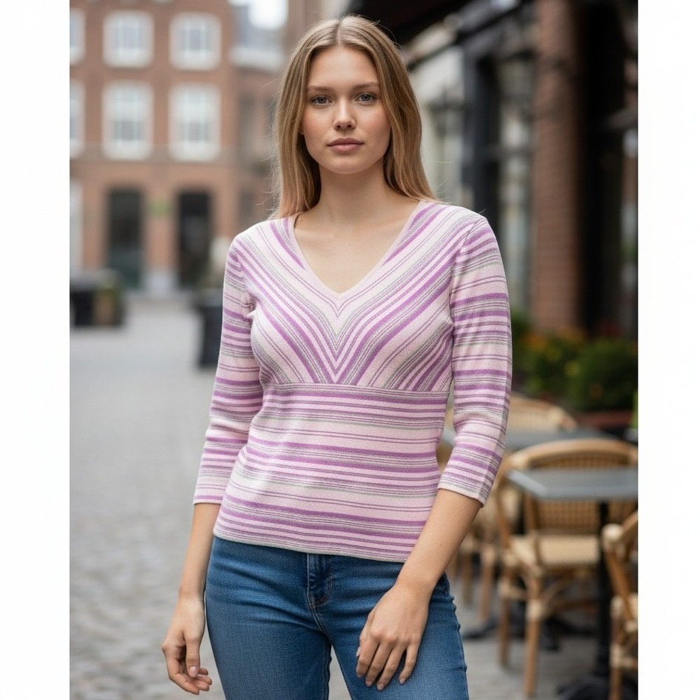 Preston & York Womens Pink Purple Striped V-Neck 3/4 Sleeve Knit Top Small
